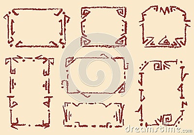 Set of old ethnic handmade frames. Crayon chalk hand drawn patterned background. Vector Illustration