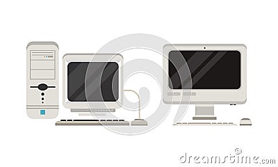 Set of Old Fashioned Personal Computers, Retro Office Workspace Devices, Pc Monitor with Keyboard and Mouse Flat Vector Vector Illustration