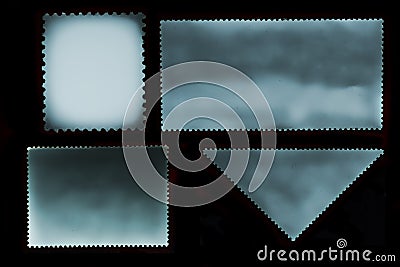 Set of old grunge posted stamp reverse side of different geometric shapes isolated on black background Stock Photo