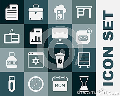 Set Old hourglass, Archive papers drawer, Envelope, Cloud database, Document with graph chart, Identification badge Vector Illustration