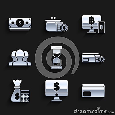 Set Old hourglass with flowing sand, Computer monitor dollar symbol, Envelope, coin, Calculator money bag, Users group Vector Illustration