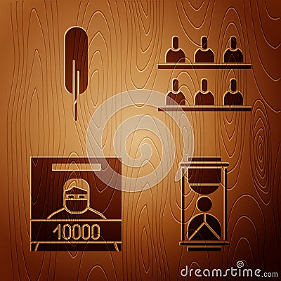 Set Old hourglass with sand, Feather pen, Wanted poster and Jurors on wooden background. Vector Vector Illustration