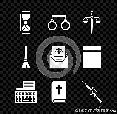 Set Old hourglass with sand, Handcuffs, Scales of justice, Retro typewriter, Holy bible book, Sniper rifle scope, Paint Vector Illustration