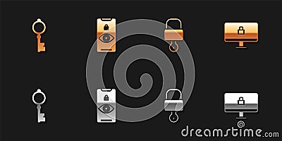 Set Old key, Eye scan, Lock and and on computer monitor icon. Vector Vector Illustration