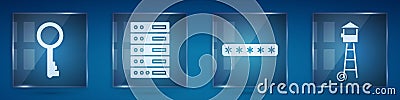 Set Old key, Server, Data, Web Hosting, Password protection and Watch tower. Square glass panels. Vector. Vector Illustration