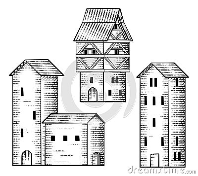 Set Old Medieval Houses Buildings Vintage Woodcut Vector Illustration