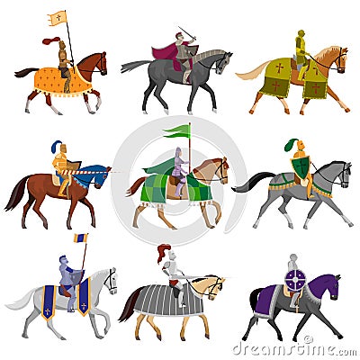 Set of old medieval knights in helmet with different horses Vector Illustration