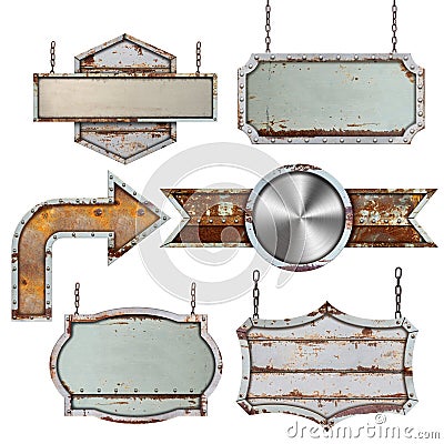 Set of old metal steel sign isolated on white Stock Photo