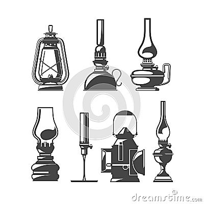 Set of old oil lamps, vintage kerosene or oil lanterns, home and trackwalker lamps collection Vector Illustration