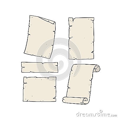 Set of old paper pergament hand drawn vector illustration. Paper scroll,paper roll ,paper sheet with space for your text. Vector Illustration