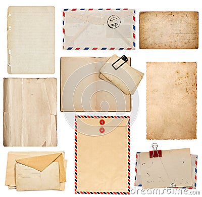 Set of old paper sheets, book, envelope, card Stock Photo