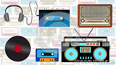 A set of old retro hipster music technology, electronics from the 80`s, 90`s: cassette audio player, audio cassette, headphones, Cartoon Illustration