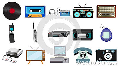 Set of old retro vintage hipster technology, electronics music vinyl, audio and video cassette tape recorder TV game console phone Vector Illustration