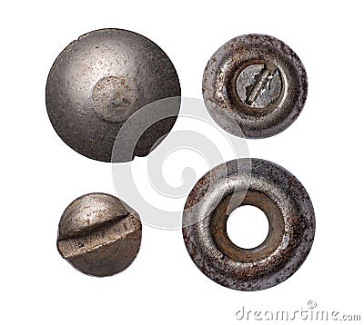 Set of old rusty metal rivet and heads Stock Photo