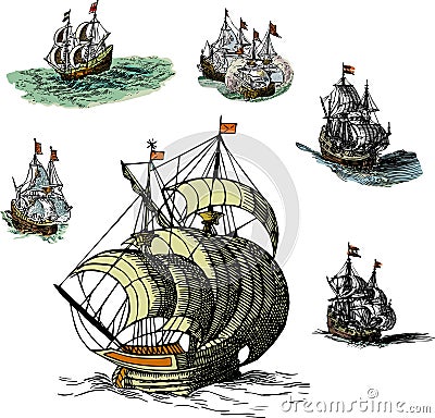 Set of Old Sailing Ships Vector Illustration