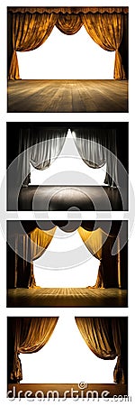 set of old stage curtains. Black, white, gold and yellow. wood floor. Transparent background. Stock Photo