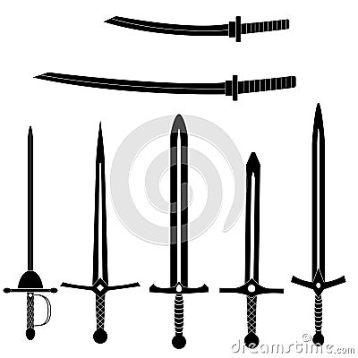 Set of old swords. Vector black medieval blades. Vector Illustration
