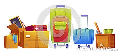 Set of old things luggage, suitcase and boxes Vector Illustration