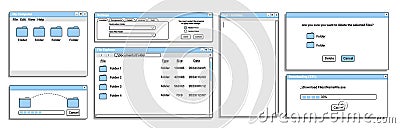 Set of old window for operating system on blue color. Digital loading bar. Vector Illustration