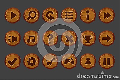 Set of old wooden buttons for the game menu. Vector Illustration