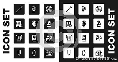 Set Old wooden wheel, Ancient amphorae, Parthenon, Medieval spear, bust sculpture, Zeus and lyre icon. Vector Vector Illustration