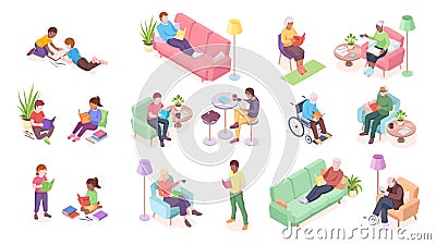 Set of old and young, adult people reading Vector Illustration