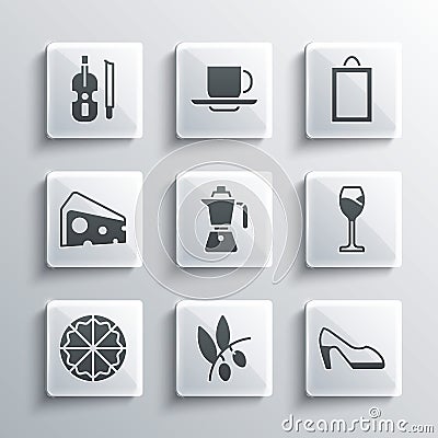 Set Olives branch, Woman shoe, Wine glass, Coffee moca pot, Pizza, Cheese, Violin and Picture icon. Vector Vector Illustration