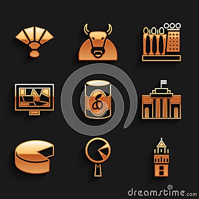 Set Olives in can, Omelette frying pan, Giralda, Prado museum, Cheese, Picture art, Dali and Fan flamenco icon. Vector Vector Illustration