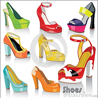 Set of olorful fashion females shoes and sandals. Vector Illustration