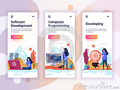 Set of onboarding screens user interface kit for Development, Programming, Developing, mobile app templates concept. Vector Illustration