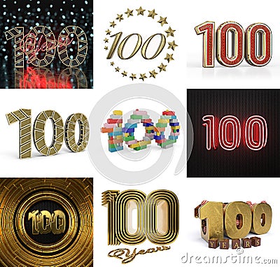 Set of one hundred year birthday. Number 100 graphic design element Cartoon Illustration