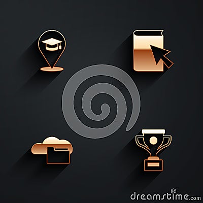 Set Online education, book, Cloud or online library and Award cup icon with long shadow. Vector Vector Illustration