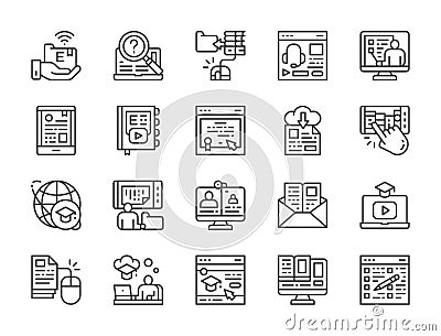 Set of Online Education Line Icons. Diploma, Library, Webinar, Podcast and more. Vector Illustration