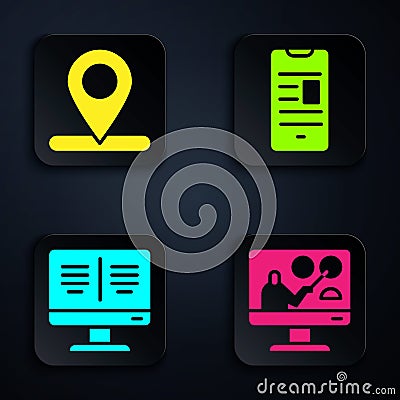 Set Online education, Location, Online book on monitor and Online book on mobile. Black square button. Vector Vector Illustration