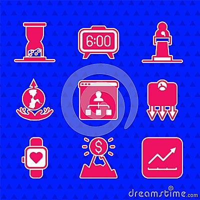 Set Online education, Mountains with flag, Financial growth increase, Weight loss, Smart watch, World expansion, Speaker Vector Illustration