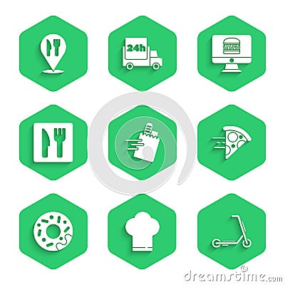 Set Online ordering and delivery, Chef hat, Scooter, pizza, Donut, Cafe restaurant location, and icon. Vector Vector Illustration
