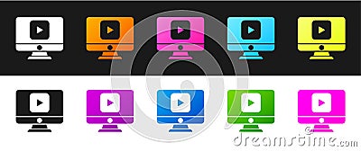 Set Online play video icon isolated on black and white background. Computer monitor and film strip with play sign Vector Illustration