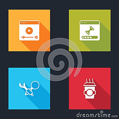 Set Online play video, Loading data window, Debugging and Coffee cup to go icon. Vector Vector Illustration