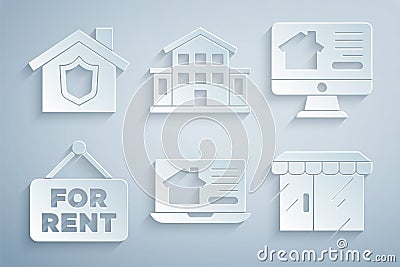 Set Online real estate house, Hanging sign with For Rent, Market store, House and shield icon. Vector Vector Illustration