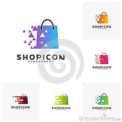 Set of Online Shop Store Market Logo Template Design Vector, Pixel Shop Logo Design Element Vector Illustration