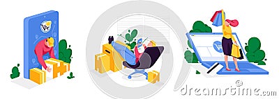 Set of online shopping scenes. Cartoon people buying goods in internet store. Collection of e-commerce designs. Vector Illustration
