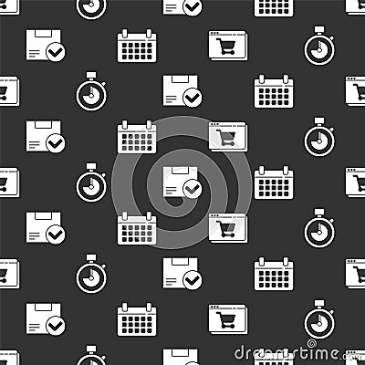 Set Online shopping on screen, Stopwatch, Package box with check mark and Calendar on seamless pattern. Vector Vector Illustration