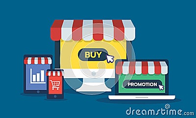 Set of online storefront, computer, Laptop, smartphone, tablet device with promotion, buy button graph and cart icon Cartoon Illustration