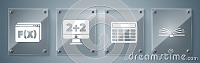 Set Open book, Calculator, Equation solution and Function mathematical symbol. Square glass panels. Vector Stock Photo