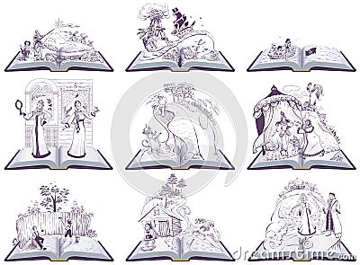 Set open book fairy tale illustration. Set of books to read at school Vector Illustration