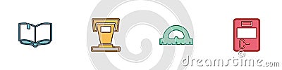 Set Open book, Stage stand, Protractor grid and Exam paper with incorrect answers icon. Vector Vector Illustration