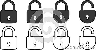 set of open and close padlock line and flat icon. collection of locked and unlocked lock on transparent background. Group Security Vector Illustration