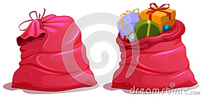 Set open and close red Christmas bag with gifts. Vector cartoon illustration isolated Vector Illustration
