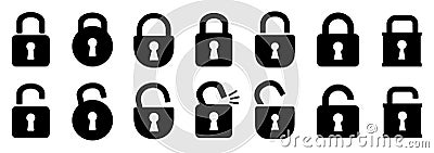 Set open and closed padlock icons, security check sign. Locks signs set. Locked and unlocked lock. Digital protection and security Vector Illustration