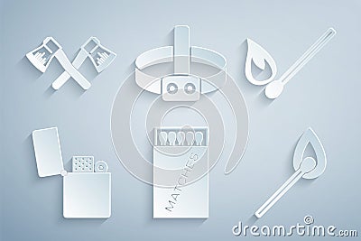 Set Open matchbox and matches, Burning with fire, Lighter, Head flashlight and Crossed wooden axe icon. Vector Vector Illustration
